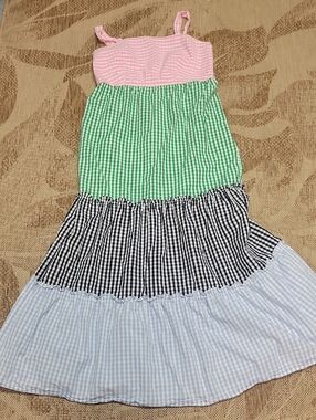 crown & ivy Pink, Green, Black and Light Blue Tiered Gingham Dress